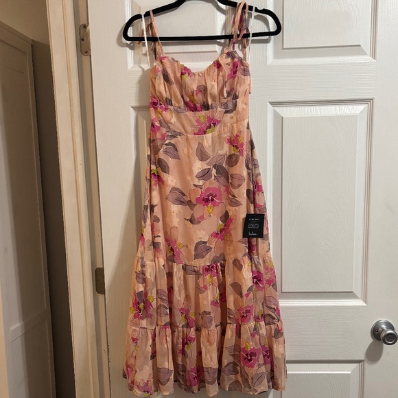 Lulus Tea Party Chic Pink Floral Tiered Midi Dress - Picture 1 of 3
